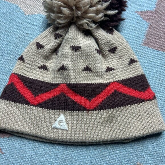 Vintage 70s pure wool knit beanie pom Gerry Aztec geometric adult OSFA - Picture 2 of 5